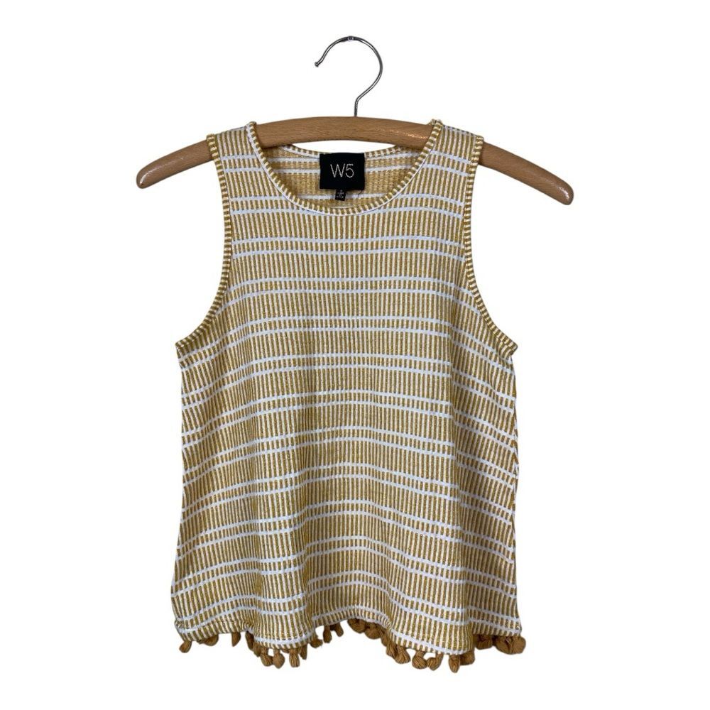 W5 Yellow and White Striped Sleeveless Tank Top Size Small Tassels Boho Summer